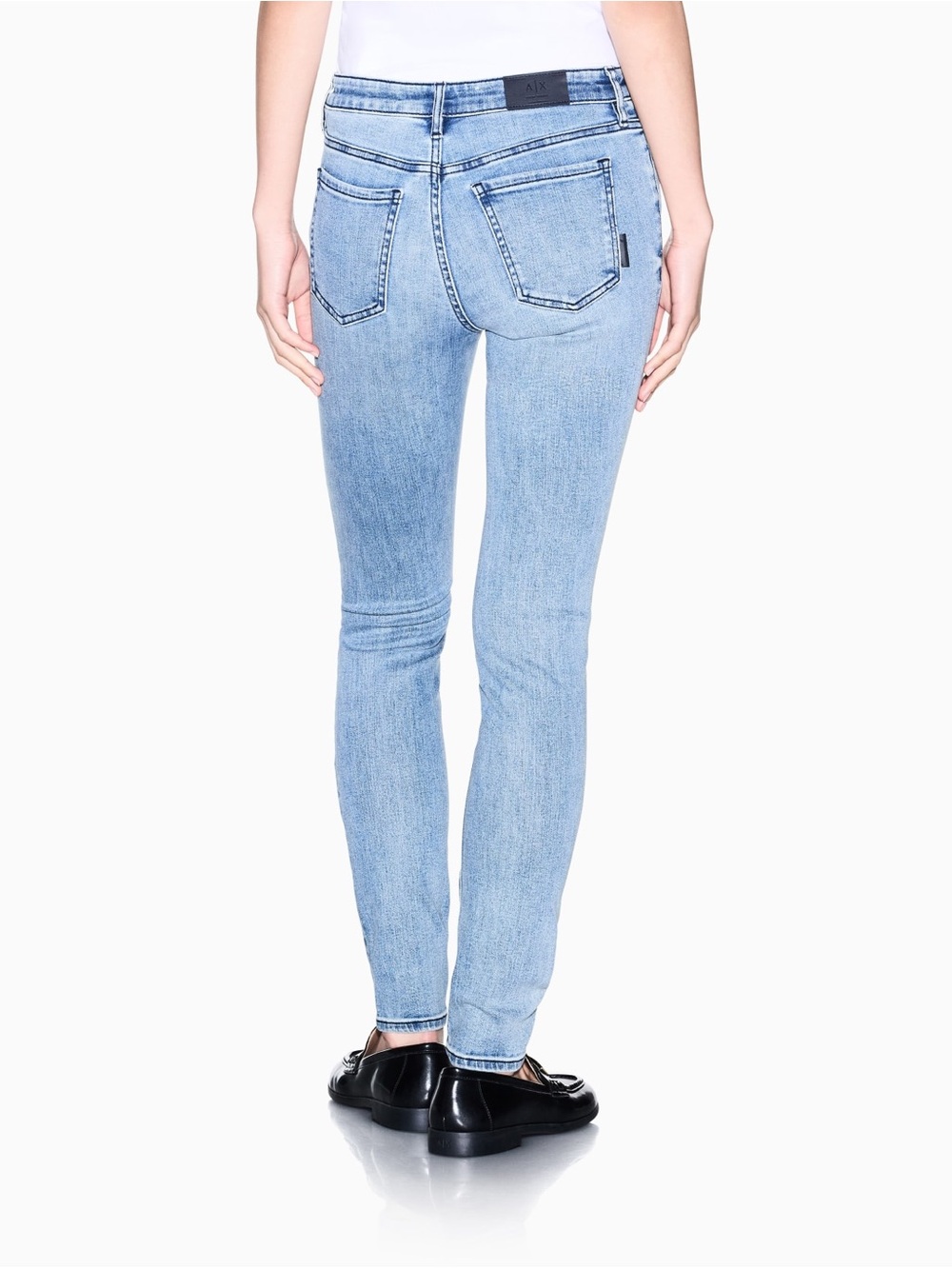 Armani Exchange | Mid-Rise Light Wash Factory Faded Denim Designer Skinny Jeans - Picture 3 of 16